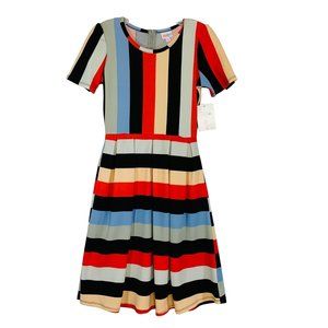 LuLaRoe Womens Amelia 70s Retro Stripes Fit Flare Dress Sz S Color Block Rad